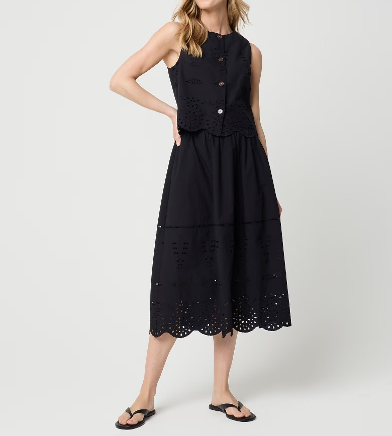 Black eyelet button up tank top and black eyelet midi skirt matching set 

#LTKSeasonal #LTKSaleAlert