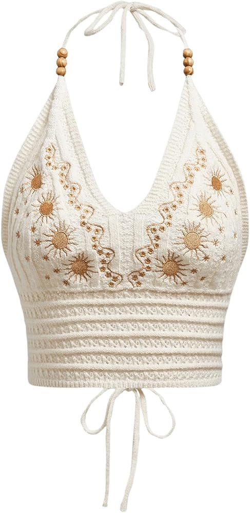 SHENHE Women's Open Back Knitted Halter Crop Top Tie Backless Embroidered Hippie Top | Amazon (US)