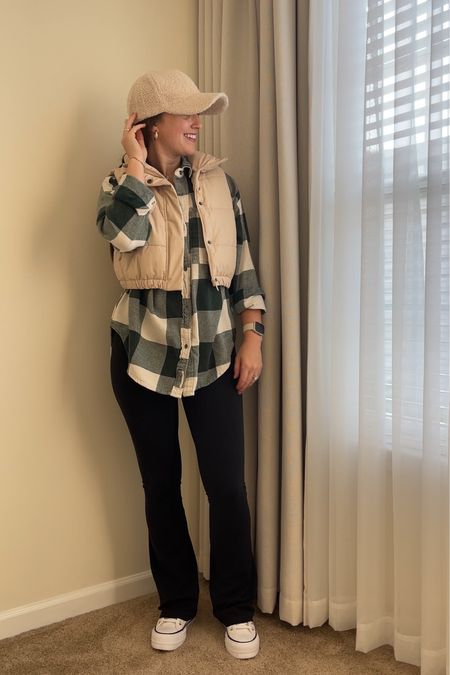 Fall outfit 2023 
Platform converse 
Vest outfits 
Sherpa hat 
Flannel outfit 
Bootcut leggings 
Flare leggings 
Fall 2023 outfit 

#LTKfindsunder100 #LTKSeasonal #LTKHoliday