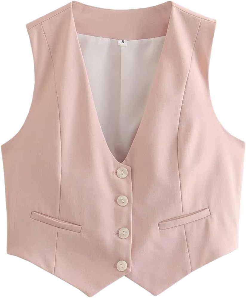 FHNUVB Women's Waistcoat Vest Blazer Cotton Linen Button Down V Neck Sleeveless Crop Vest Vintage... | Amazon (US)