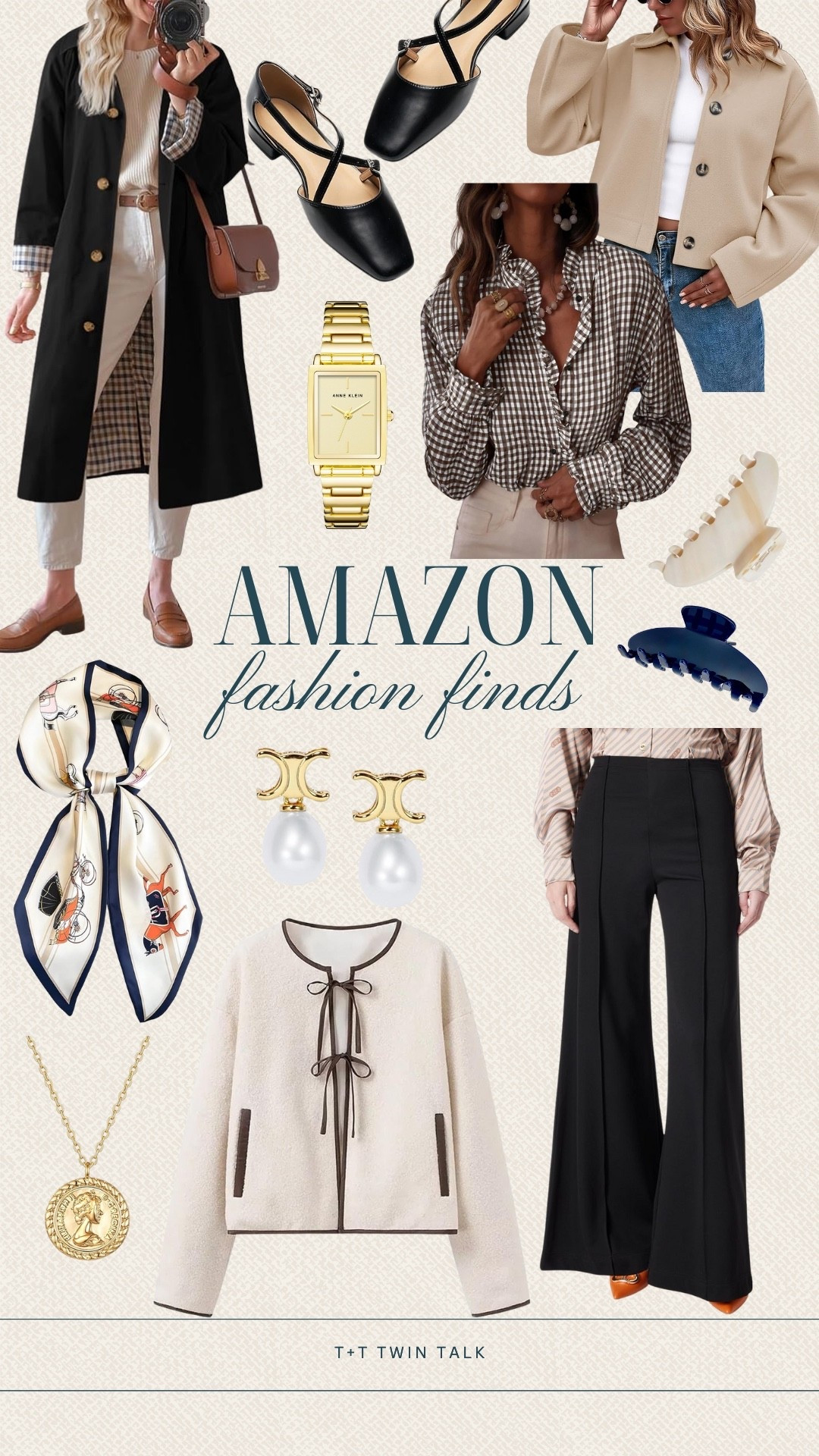 Amazon fashion finds we are loving right now! The jewelry options are endless like the pearl earrings, gold watch, and coin necklace! We also love the black pants, long coat, and ruffled button up gingham top! 

#LTKOver40 #LTKWorkwear #LTKMidsize