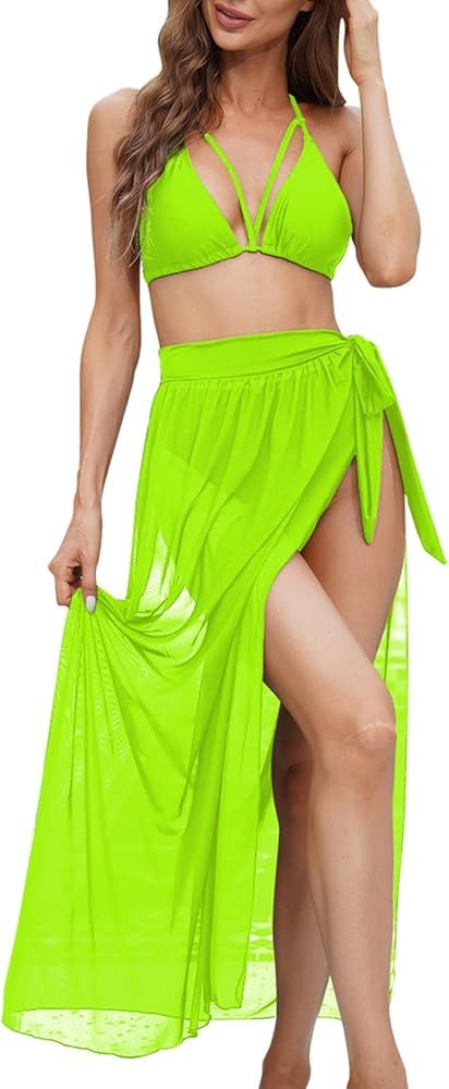 Kisscynest Women's Halter Neck Cut Out 3 Pieces Swimwear with Mesh Maxi Skirt | Amazon (US)