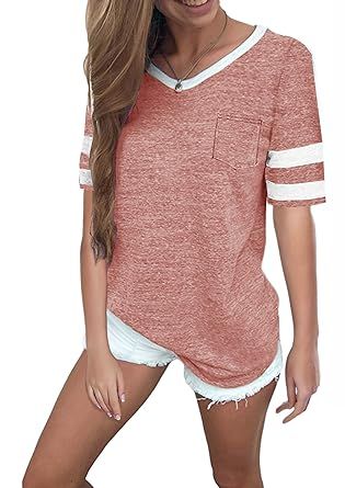 Twotwowin Women's Summer Tops Casual Cotton V Neck Sport T Shirt Short/Long Sleeve Blouse | Amazon (US)