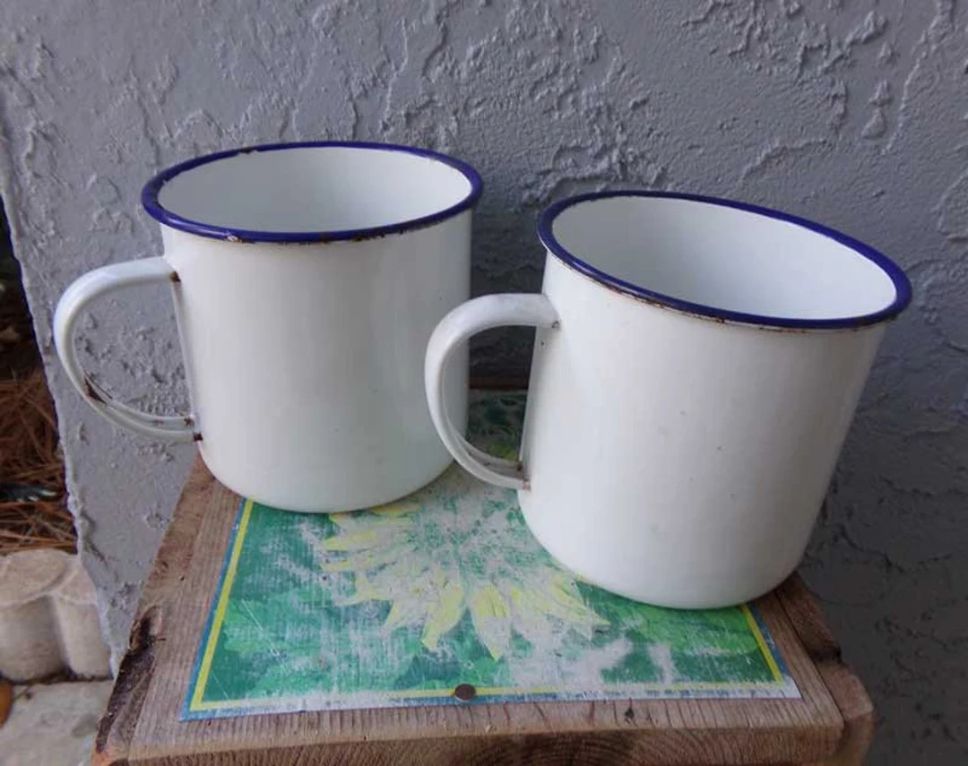 Taipro Enamel Cups, Blue and White Enamel Cups, Enamelware Cup, Blue Enamel Ware Cup, Vintage Ena... | Etsy (US)