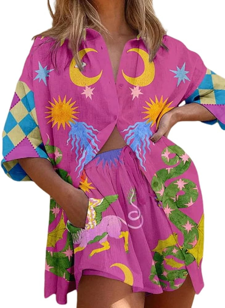 Peaceglad Women's Print 2 Piece Pajama Set Short Sleeve Button Down Tops Drawstring Shorts Lounge... | Amazon (US)