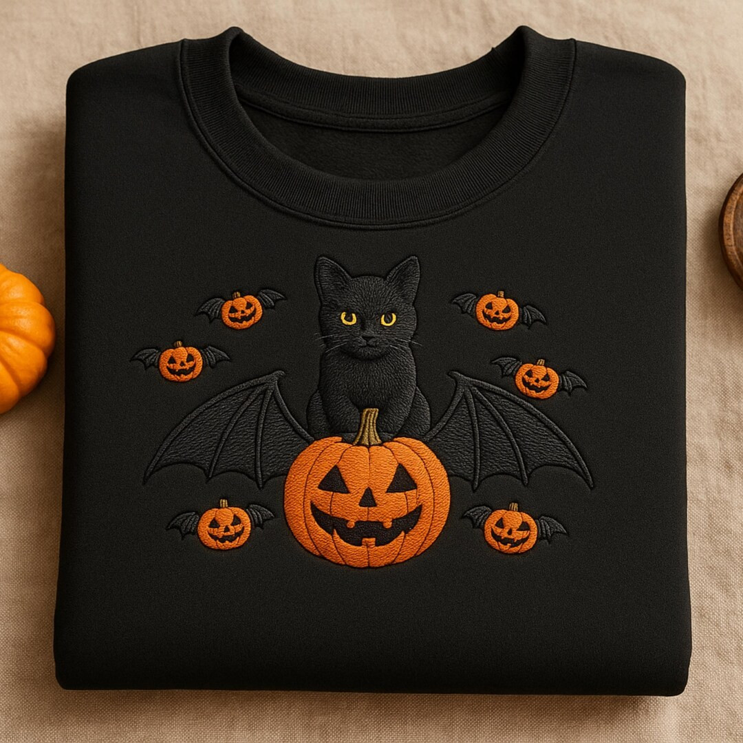 Embroidered Black Cat Pumpkin Sweatshirt: Gothic Halloween Crewneck - Etsy | Etsy (US)