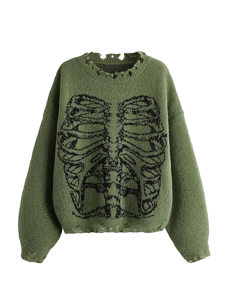 SHENHE Women's Oversized Skeleton Pattern Ripped Round Neck Sweater Pullover | Amazon (US)