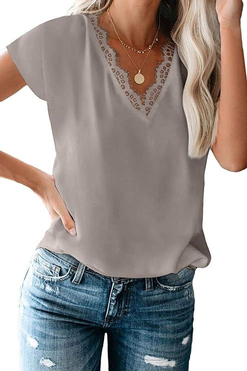 lime flare Dressy Lace Trim Blouse Tops Popular Short Sleeve Shirt | Amazon (US)