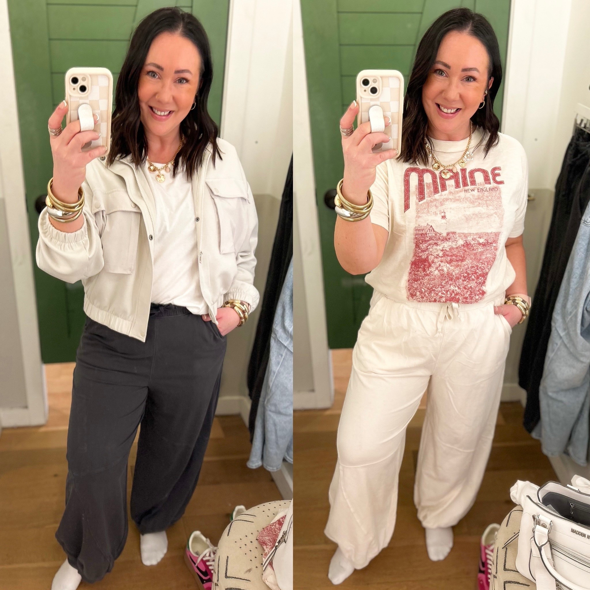 New baggy barrel fleece pants at Aerie! They only had a size medium in the charcoal color! Ordered a large! Wearing a large in the lighter color! So comfy!  So cute! Graphic tee is very oversized! Wearing a size small! Came home with me! 
XL jacket. XL white tee  

#LTKSaleAlert #LTKMidsize #LTKFindsUnder50