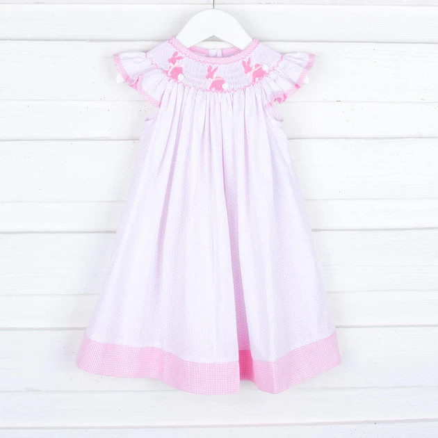 Bunny Silhouette Smocked Dress White & Pink Dot | Classic Whimsy