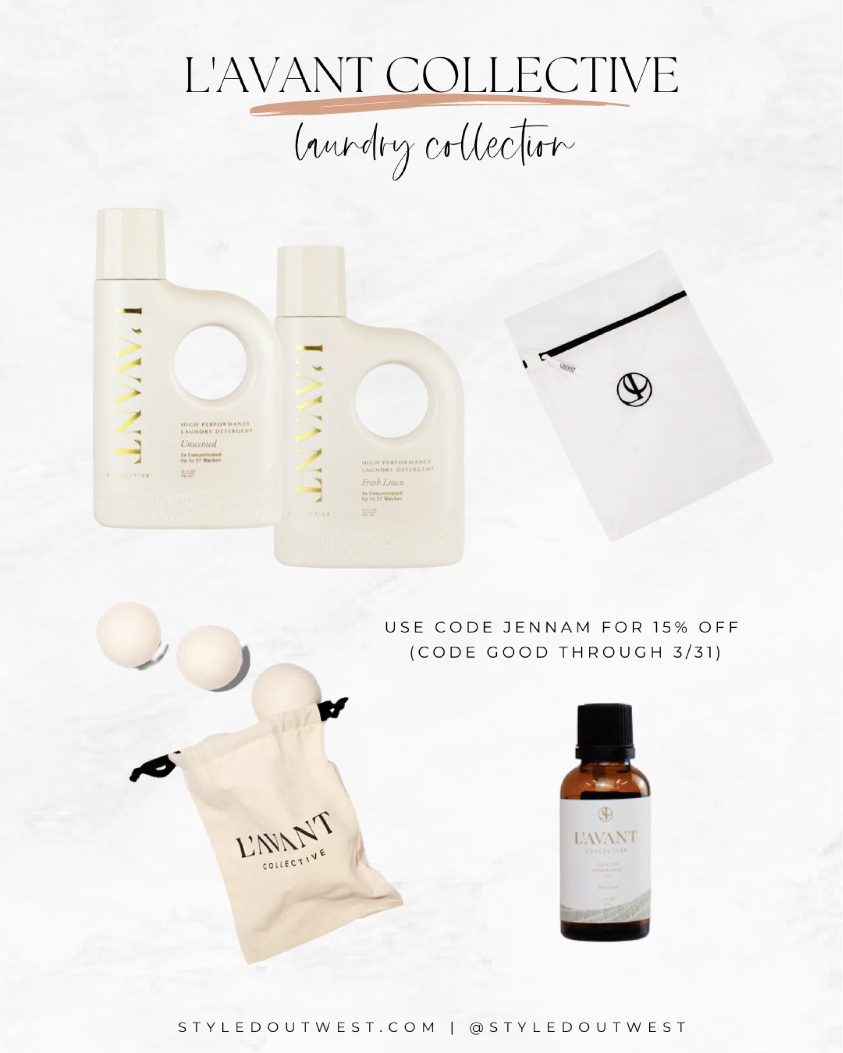 Use code JENNAM through end of March

L’AVAVT launched their luxury laundry essentials bundle.  Includes laundry detergent (scented or unscented), wool balls, fresh linen oil for scent and mesh laundry bags.

#LTKfamily #LTKhome #LTKFind