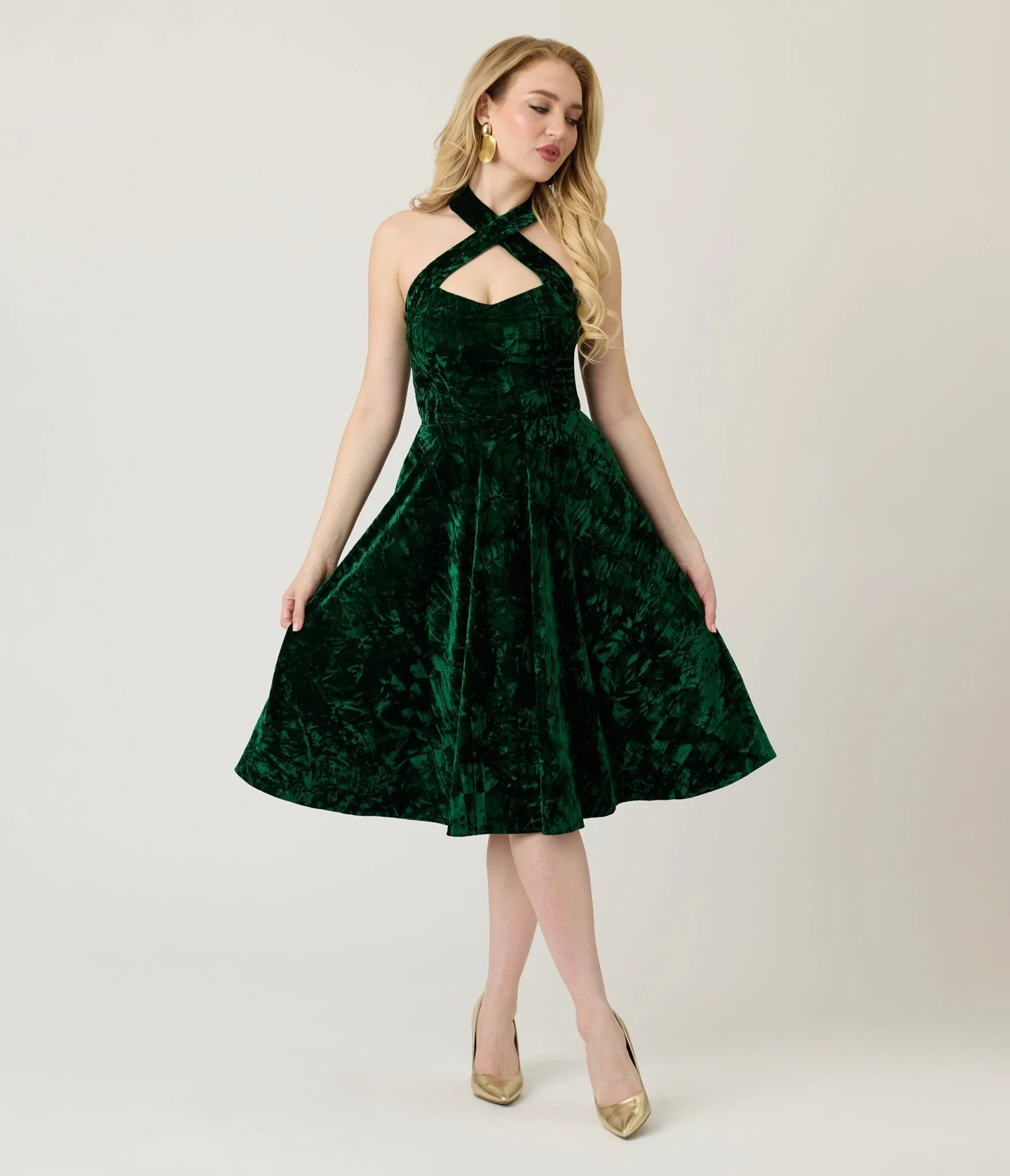 Unique Vintage Emerald Velvet Criss Cross Halter Rita Flare Dress | UniqueVintage