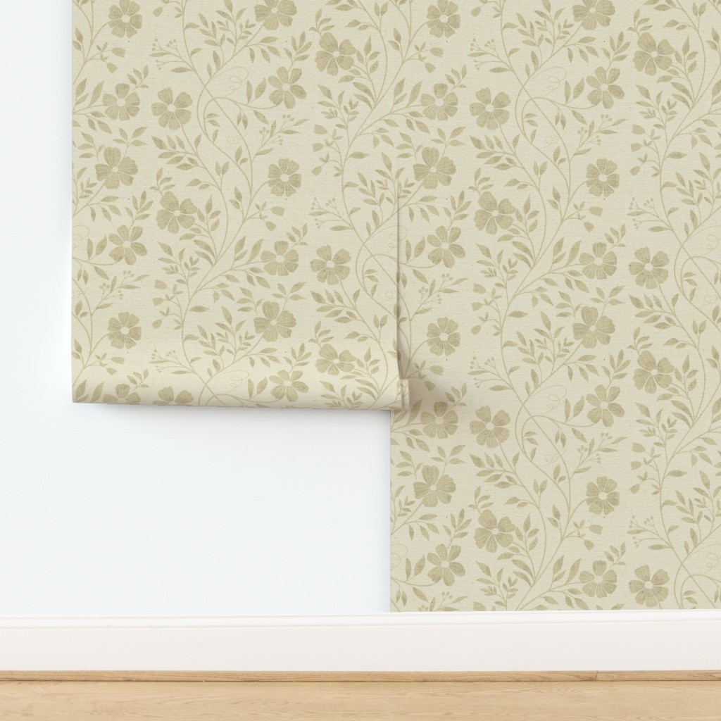 Wallpaper in L Cream linen floral vines with taupe wildflowers for cottage farmhouse | Spoonflower