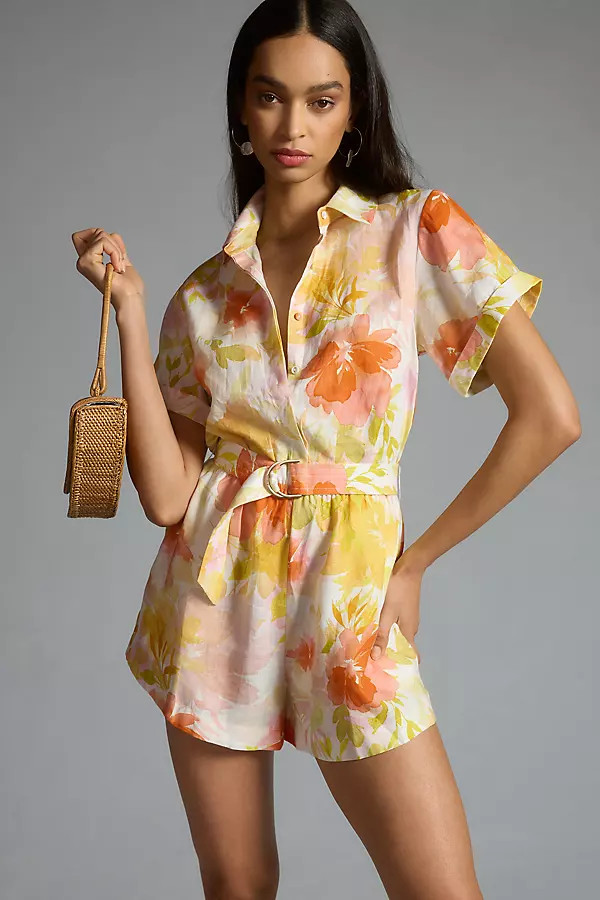 KIVARI Printed Short-Sleeve Belted Romper | Anthropologie (US)