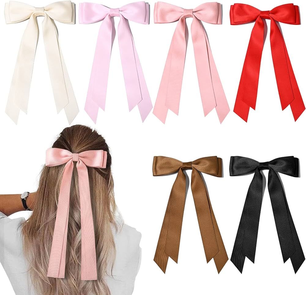 6PCS Silky Satin Hair Bows Hair Clip Ribbon Ponytail Holder Slides Metal Clips Double Ribbon Hair... | Amazon (US)