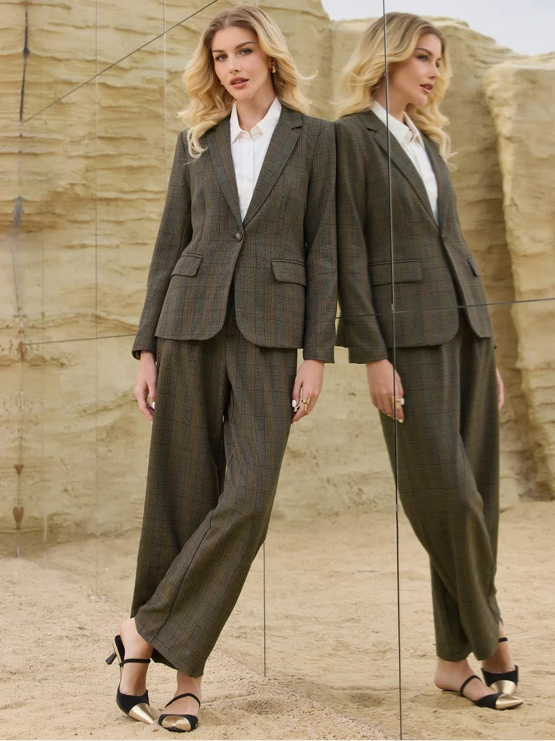 DARING DIVA Women's Houndstooth Plaid Blazer Business Suit Jacket M Brown | Walmart (US)