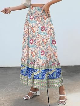 ANRABESS Women Boho Floral Maxi Skirts, High Waisted Tiered Skirt, Flowy Beach Skirts with Pocket... | Amazon (US)