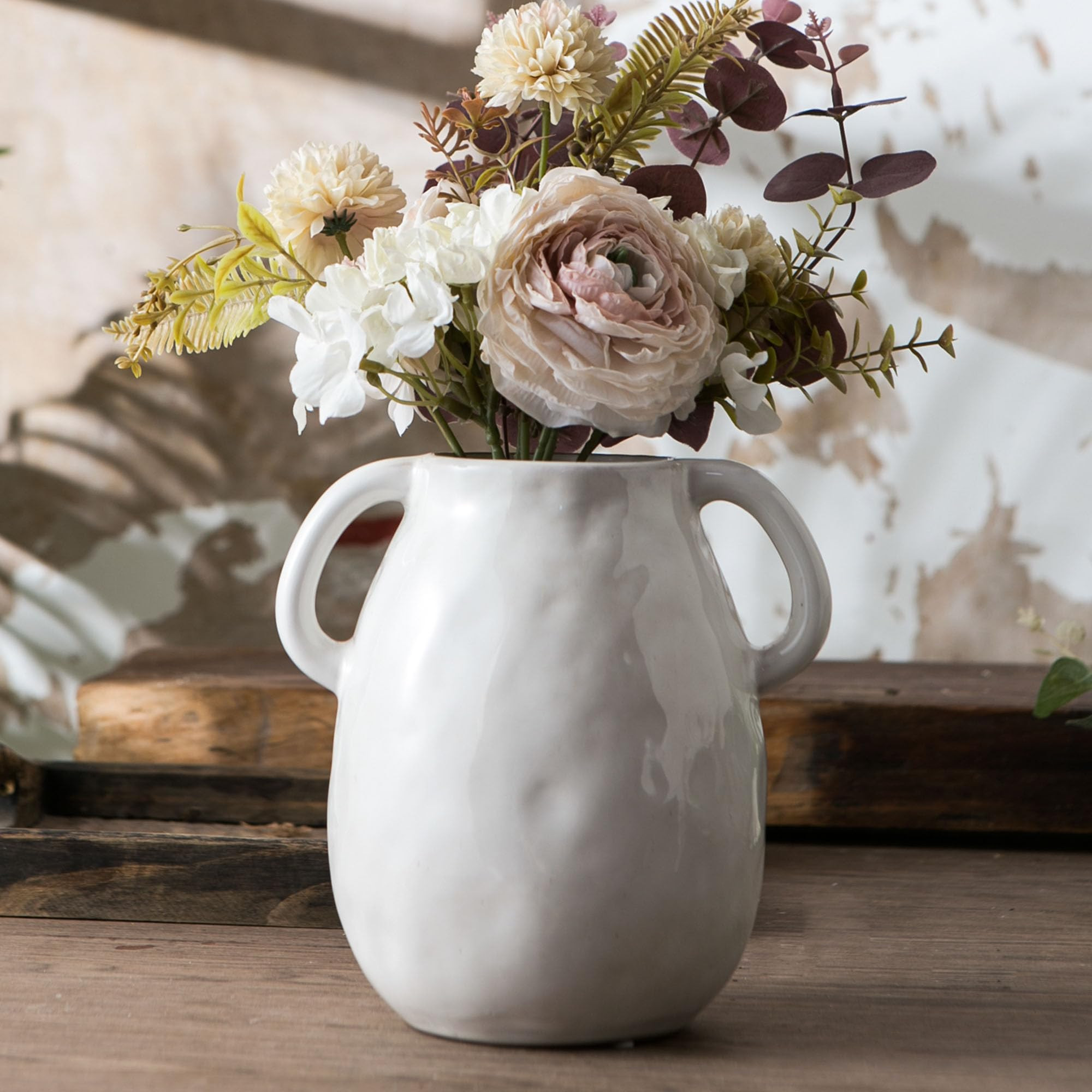 White Ceramic Vase with 2 Handles for Modern Farmhouse Home Decor, Vintage Rustic Decorative Vases, Small Vase for Fresh and Dried Flowers, Centerpiece Table Decorations, 7 Inch | Amazon (US)