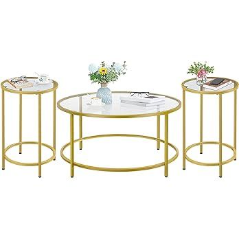 Yaheetech Coffee Table Set of 3, Round Coffee Table & 2pcs Accent End Table Easy Assembly w/Glass... | Amazon (US)