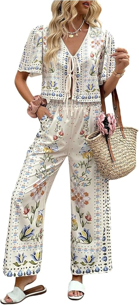 WDIRARA Women's Boho Floral 2 Piece Palazzo Pants Set Short Sleeve Tie Front Blouse Wide Leg Pant... | Amazon (US)