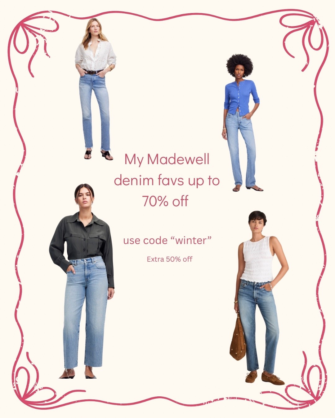 Madewells denim are some of my FAVORITE! Use code winter for an additional 50% off 



#LTKFindsUnder100 #LTKootd #LTKSaleAlert