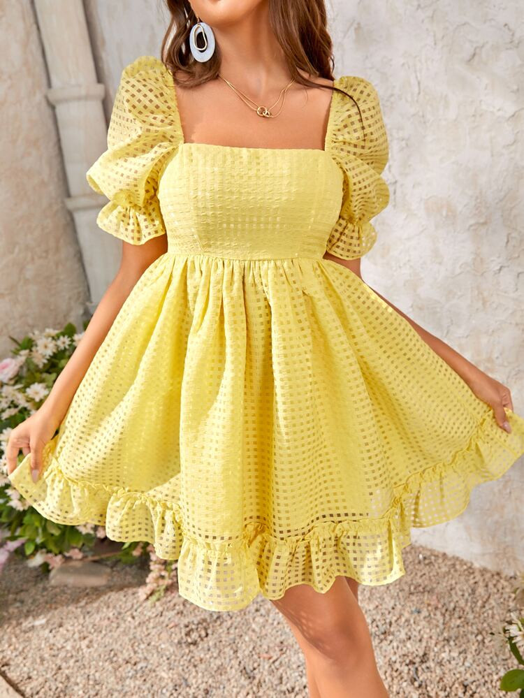 SHEIN VCAY 1pc Square Neck Puff Sleeve Ruffle Hem Dress | SHEIN