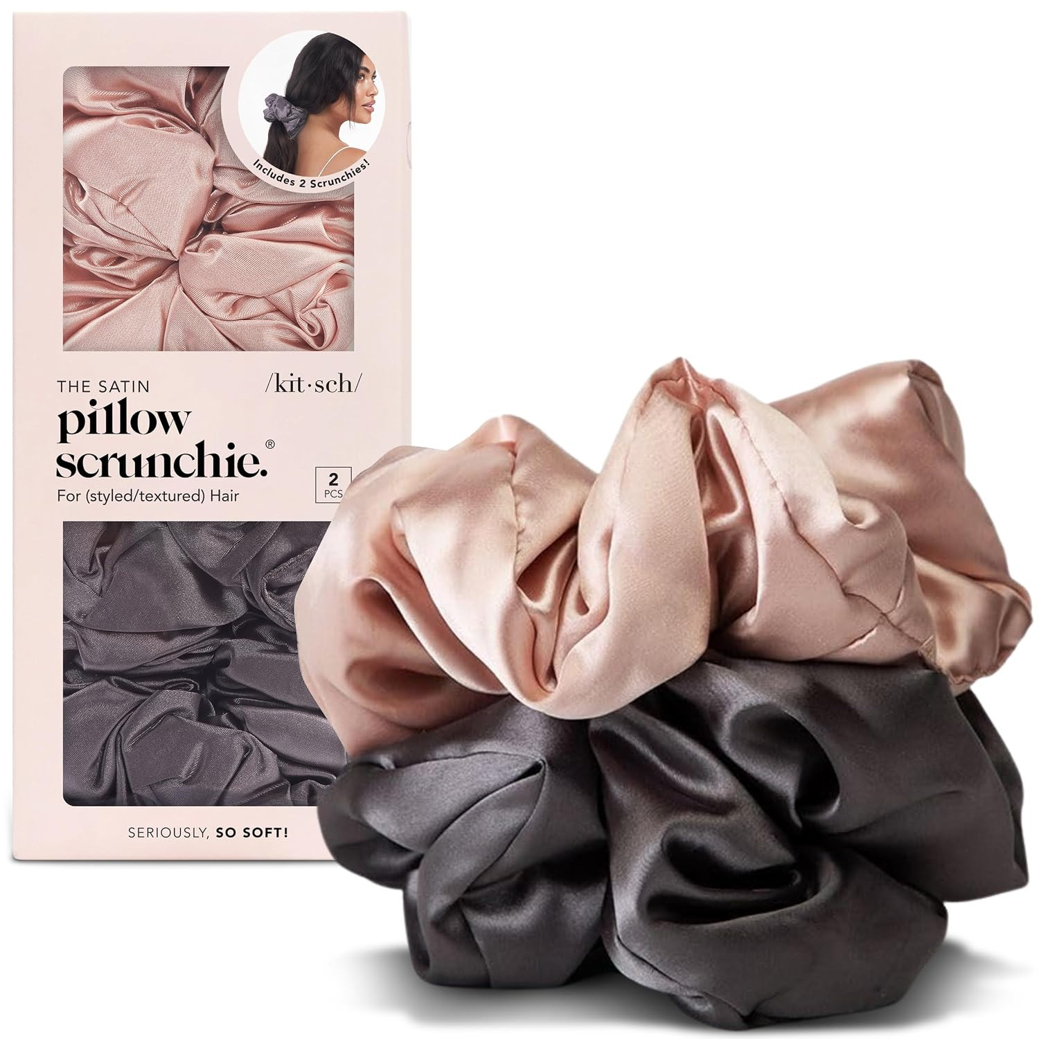 Kitsch Satin Hair Scrunchies for Women, Softer Than Silk Scrunchies for Hair - No Damage Satin Hair Ties, Ponytail Holders, 2pc (Blush/Charcoal) | Amazon (US)
