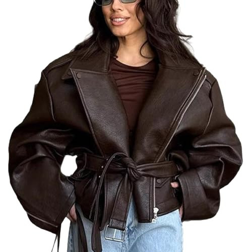 Mandonce Leather Jacket Zip up Oversized Motorcycle Cropped Jacket with Belt Y2K Streetwear Fall Winter Coats for Women 2026 Brown | Amazon (US)