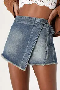 Emmy Medium Wash Side-Tie Wrap Denim Skort | Lulus (US)