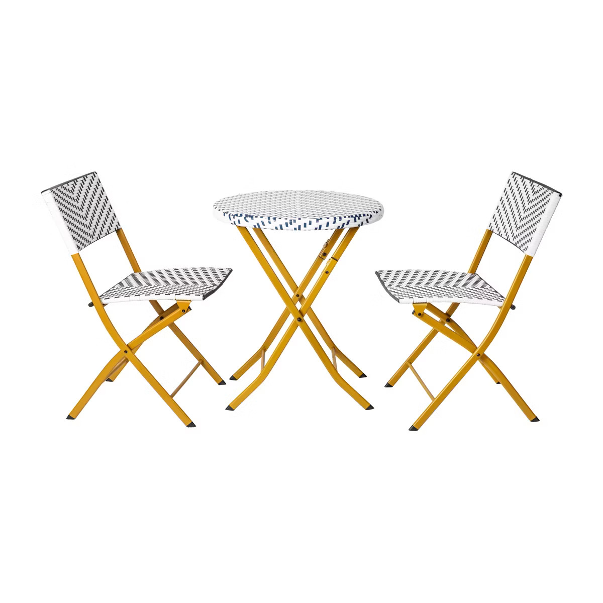 Emma and Oliver Three Piece Folding French Bistro Set in Navy and White PE Rattan with Natural Me... | Target