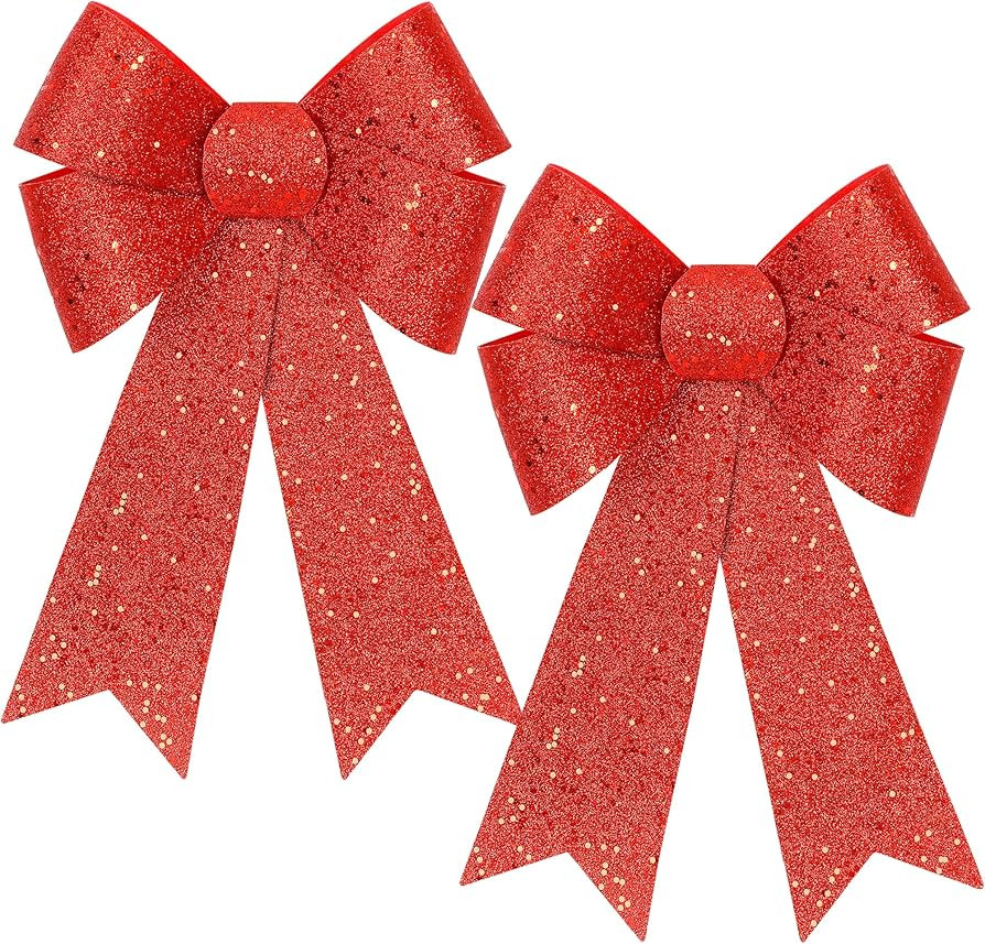 2 PCS Christmas Bows, 12 x 18 in Christmas Bows Outdoor, Glitter Red Xmas Decorations Velvet PVC ... | Amazon (US)
