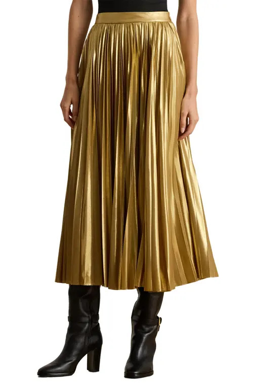 Lauren Ralph Lauren Pleated Metallic Chiffon Midi Skirt in Relic Gold/Gold Foil at Nordstrom, Size 10 | Nordstrom