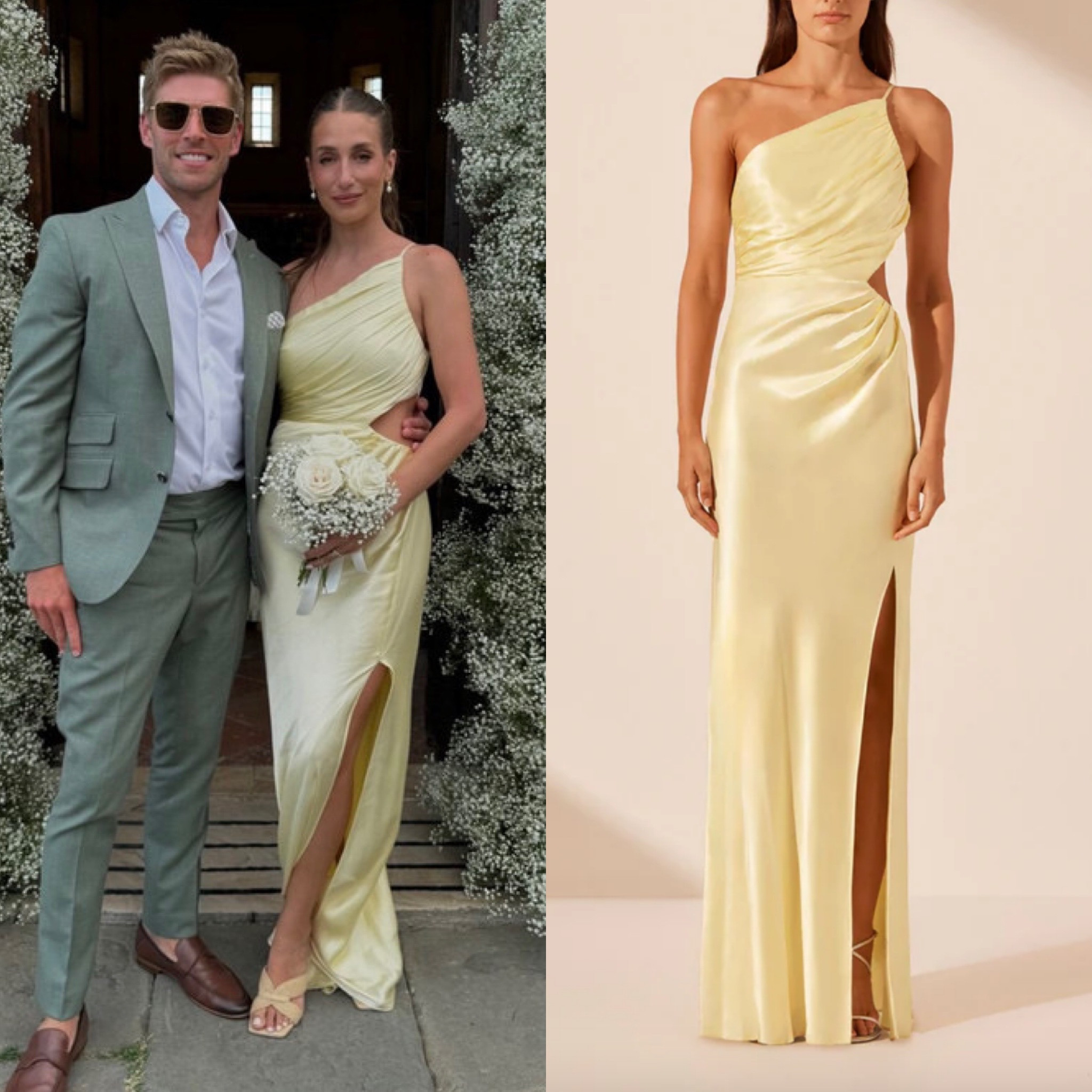 Amanda Batula’s Yellow Satin Cutout One Shoulder Dress 📸= @amandabatula 