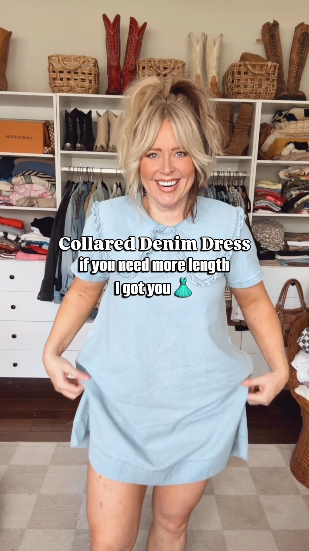 This denim dress is so adorable! I’m a size 8/M & 5’6. It’s not really too short but for church I felt better adding the lace slip skirt. I sized up in the slip. 
✨Save on my earrings and ring with code MANDIE 

#LTKgrwm #LTKootd #LTKOver40