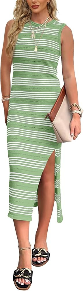 WIHOLL Womens Bodycon Summer Casual Midi Sundress Sleeveless Cute Hollow Out Knit Side Slit Strip... | Amazon (US)