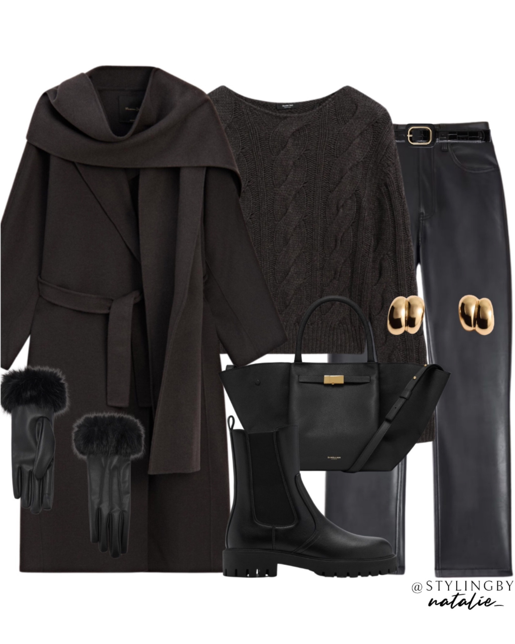 Winter outfit- Scarf coat, cable knit jumper, leather look trousers, Chelsea boots, fur trim gloves, Demellier tote bag & gold earrings.
🏷️ Tonal look, winter outfit, Christmas market outfit, faux leather, knitwear 

#LTKuk #LTKstyletip #LTKeurope