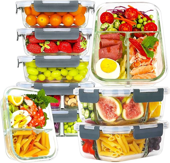 Bayco 9 Pack Glass Meal Prep Containers 3 & 2 & 1 Compartment, Glass Food Storage Containers with... | Amazon (US)