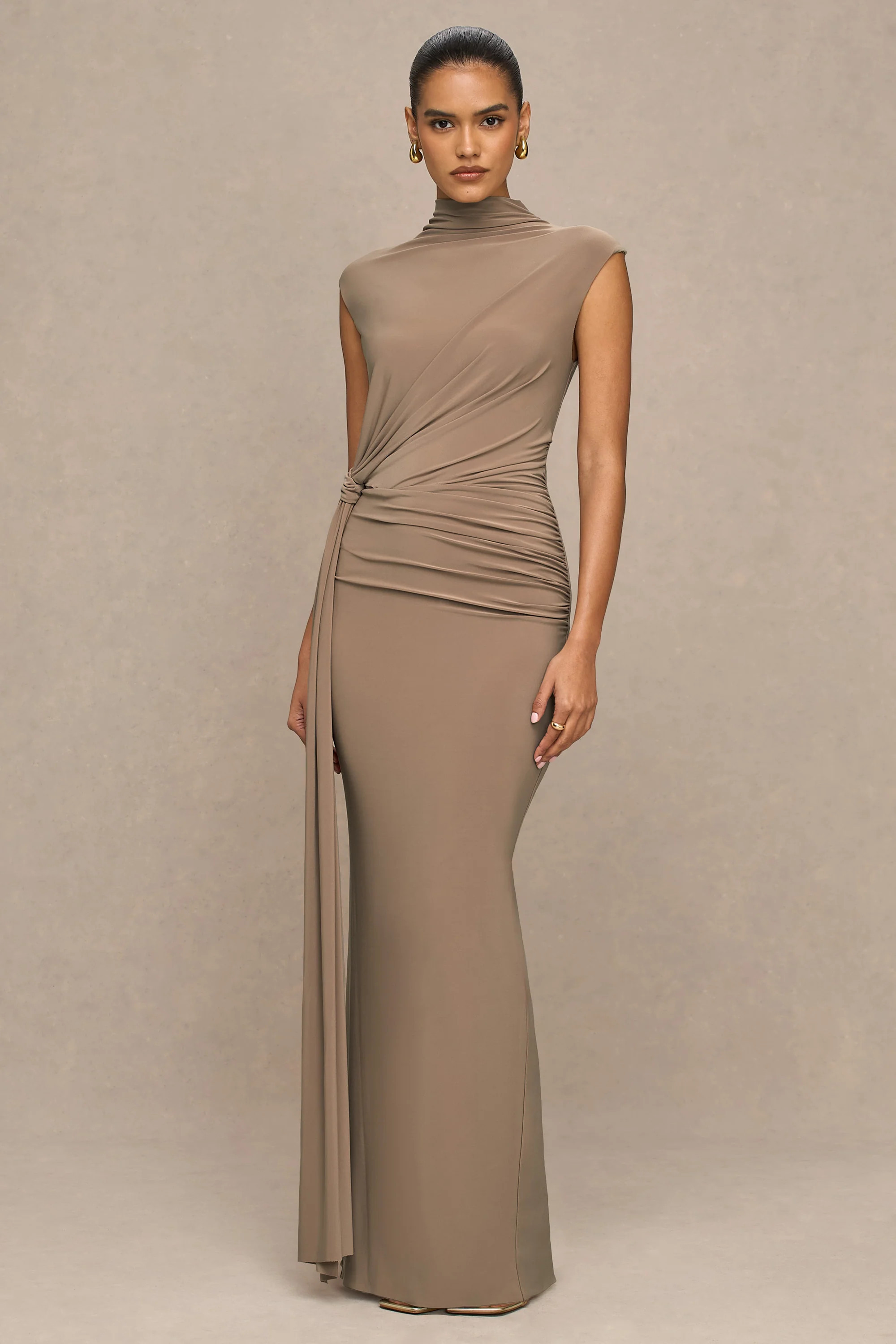 Solene | Brown High-Neck Maxi Dress With Wrap And Drape Detail | Club L London