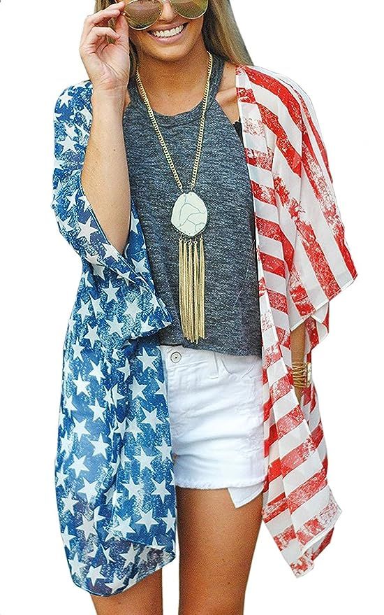 Women's Summer Swimsuit Beach Wear Kimono Cover up American Flag Tops Cardigan | Amazon (US)