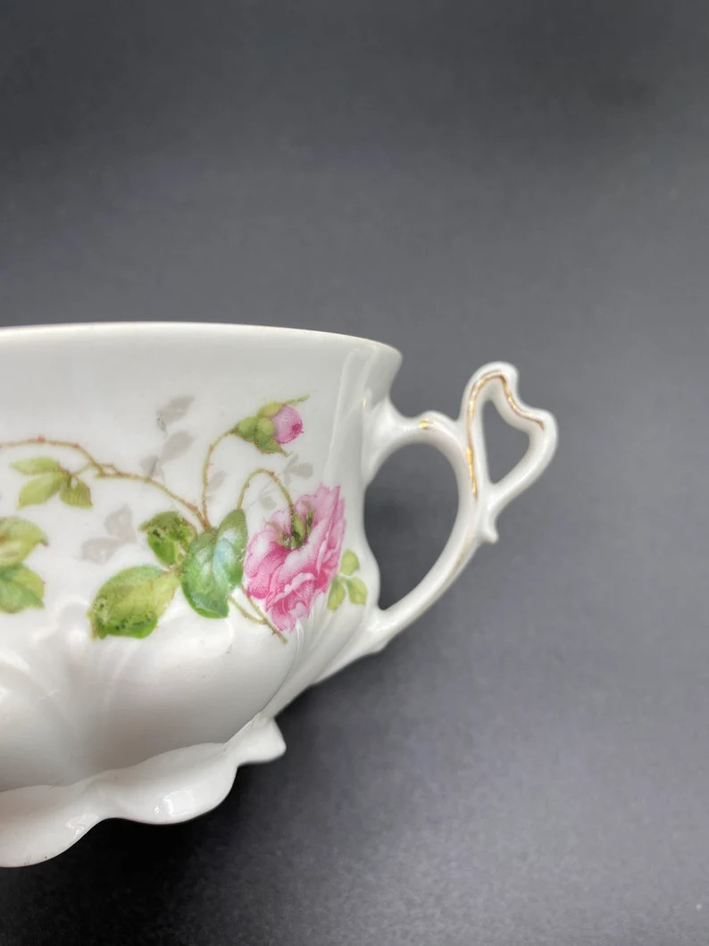 Antique Cup + Saucer Pink and Gold on Translucent white porcelain. Pink roses, gold heart, scallo... | Etsy (US)