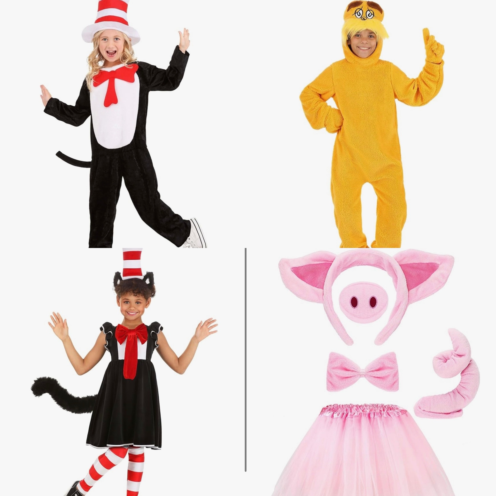 Kids book character costumes the cat in the hat, the Lorax and Wilbur