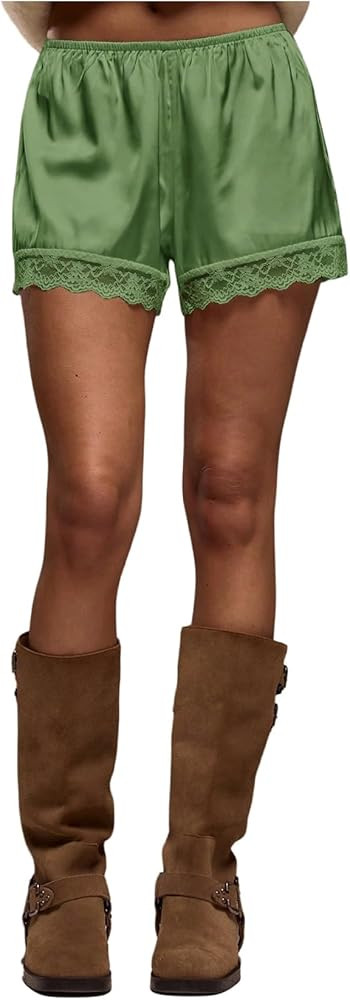 Women's Lace Trim Satin Shorts Elastic Waist Mini Shorts Casual Lounge Silk Shorts French Knicker... | Amazon (US)