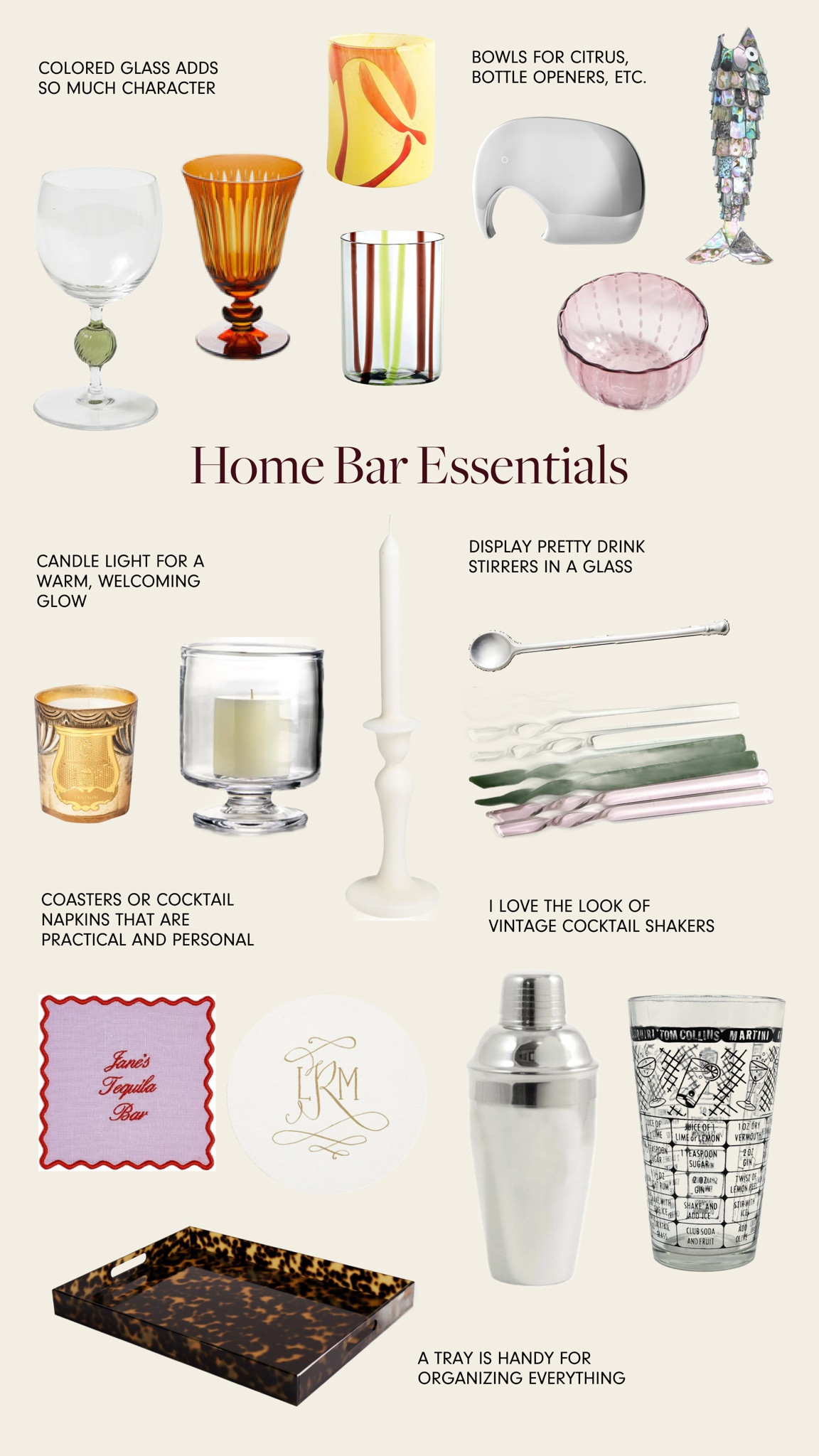 The key to styling a bar cart (or table) is curating practical yet pretty objects to fill it with — from colorful glassware to personalized napkins. Here’s some barware pieces that I love and how I’d use them. 


Home bar, styling a bar cart, entertaining inspiration 

#LTKHome