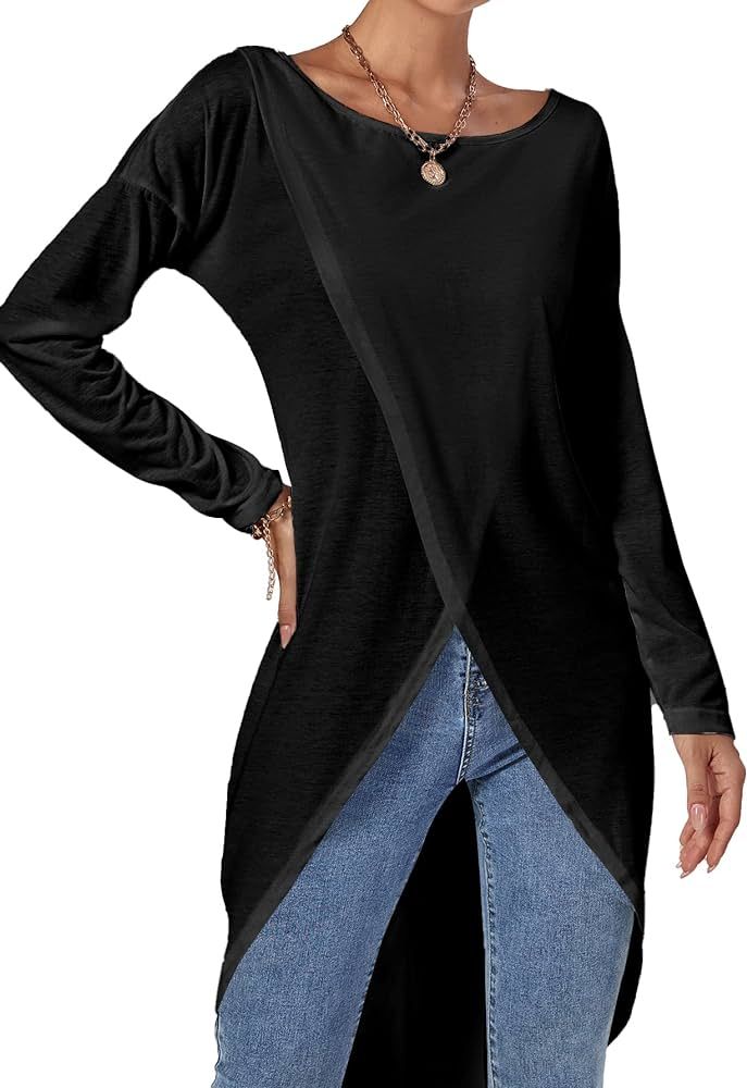 LYANER Women's High Low Long Sleeve Wrap Front Split Hem Long Shirt Blouse Tunic Top | Amazon (US)