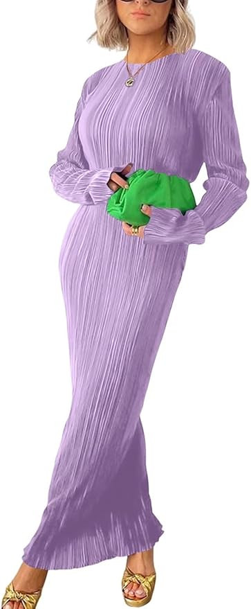 Annystore Women's Long Sleeve Loose Dress Pleated Crew Neck Slim Bodycon Plain Casual Maxi Dresse... | Amazon (US)