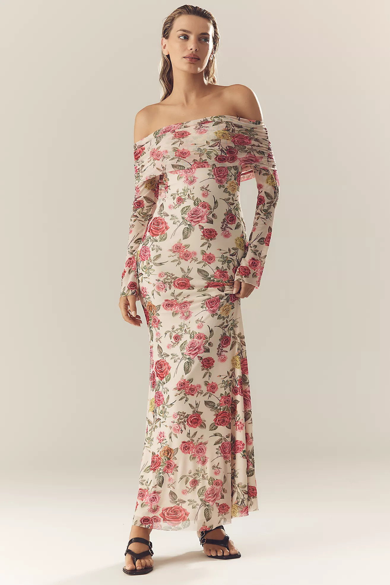 AFRM Long-Sleeve Off-The-Shoulder Mesh Maxi Dress | Anthropologie (US)
