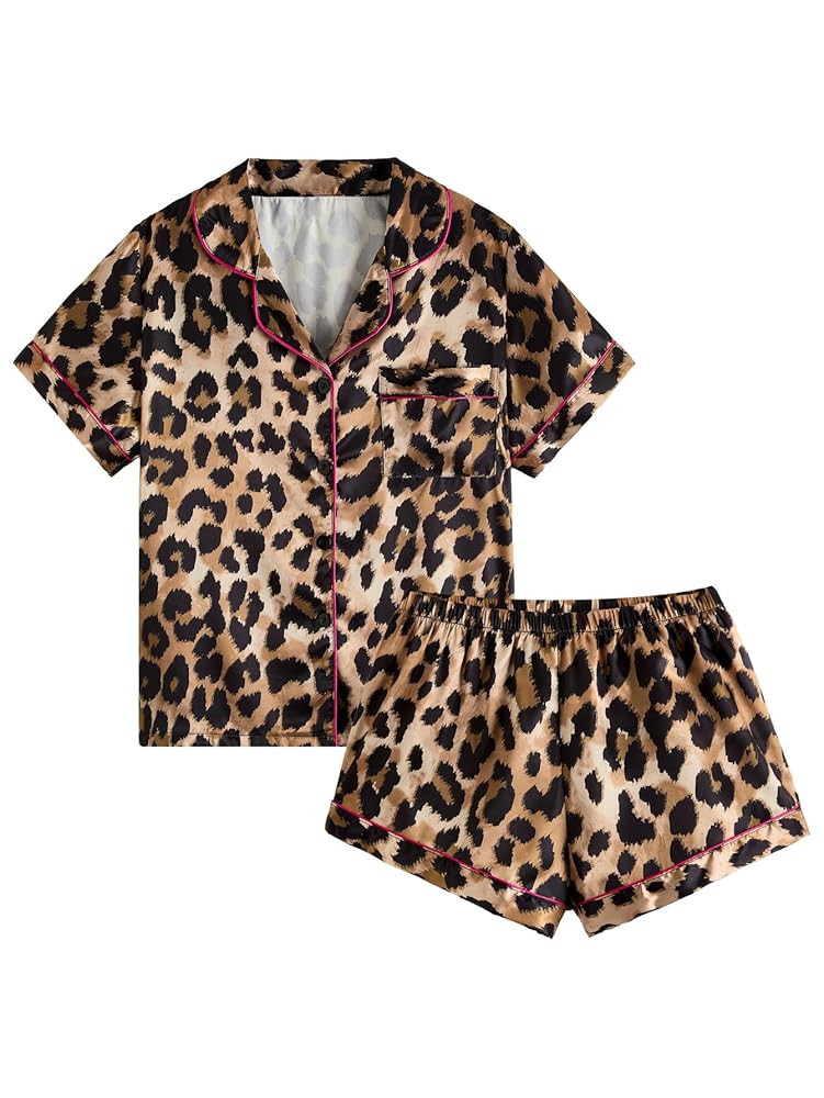 Women's 2 Piece Stain Pajama Set Leopard Button Front Short Sleeve Cheetah Collar Shirt and Short... | Amazon (US)