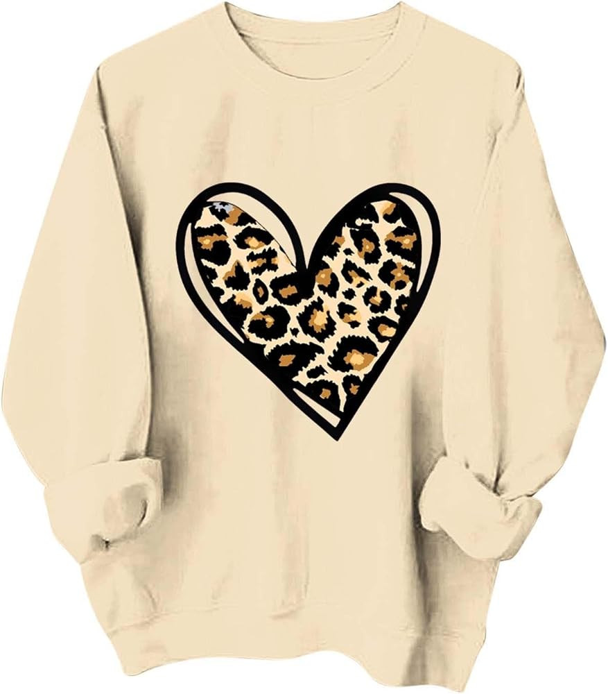 Womens Leopard Love Heart Graphic Sweatshirts Baggy Casual Valentines Day Sweatshirt Long Sleeve ... | Amazon (US)