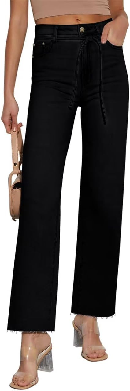 KDF Straight Leg Jeans for Women High Waisted Jeans Frayed Baggy Pants Raw Hem Loose Stretchy Cro... | Amazon (US)
