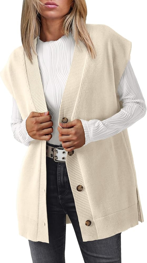 LILLUSORY Women V Neck Sweater Vest Oversized Long Cardigan Casual Vest Tops 2025 Trendy | Amazon (US)
